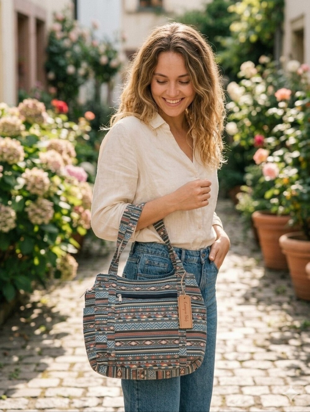 CANYON SKY Canvas Aztec-Pattern Canvas Tote in Blue, Coral, Gray, Cream